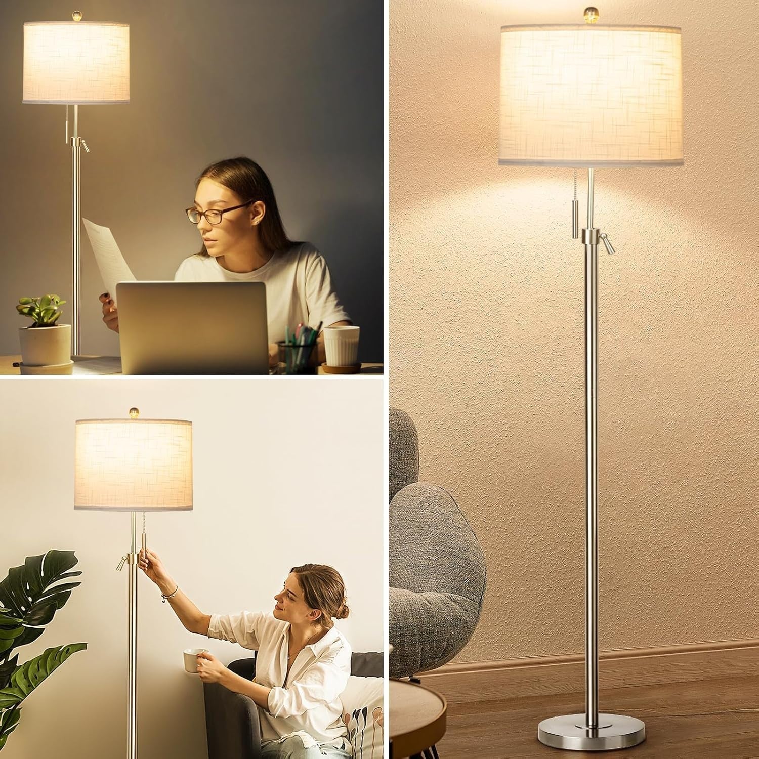 Adjustable Silver Floor Lamp with 3 Color Temps & Lampshade, E27 Bulb