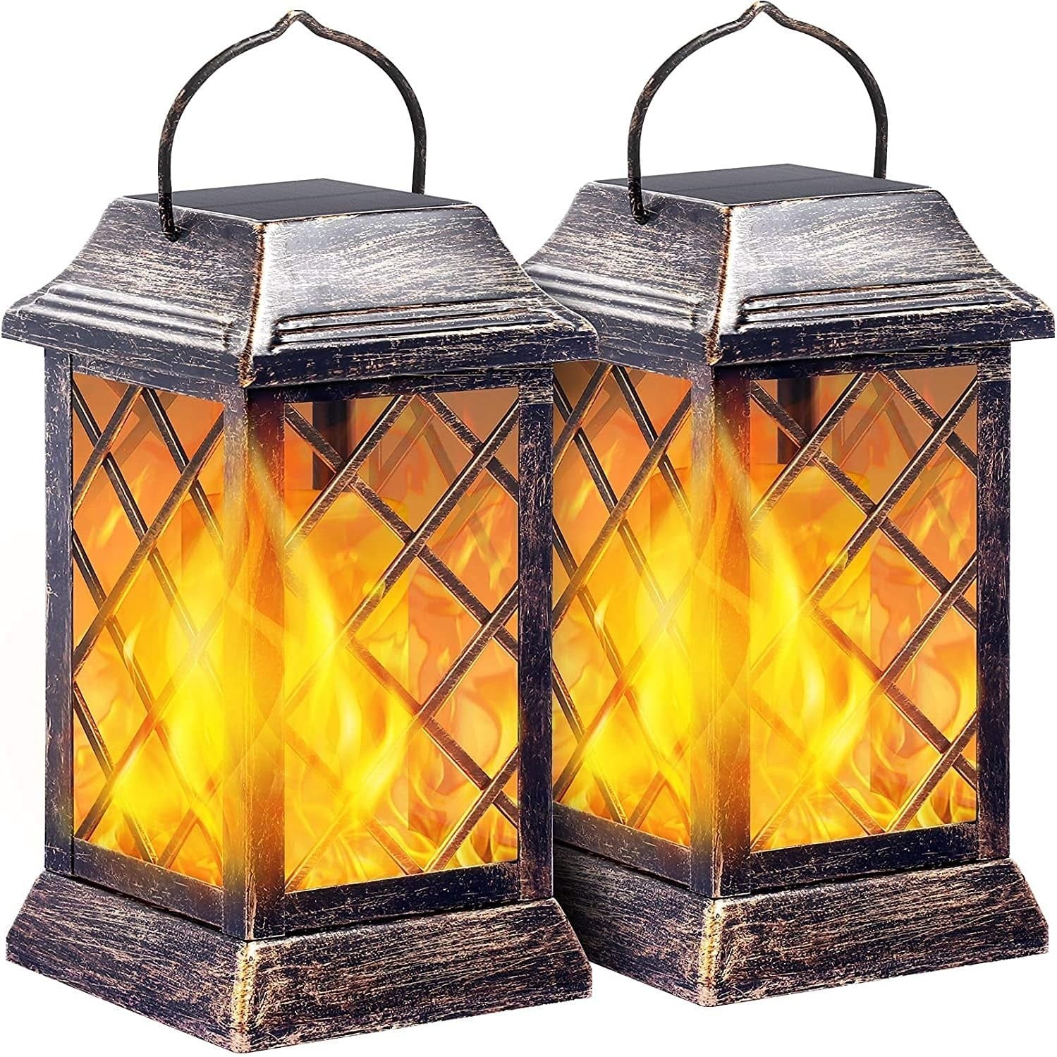 2 Pack Solar Flame Lanterns, Outdoor Waterproof Flickering LED Hanging, Bronze