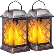 2 Pack Solar Flame Lanterns, Outdoor Waterproof Flickering LED Hanging, Bronze
