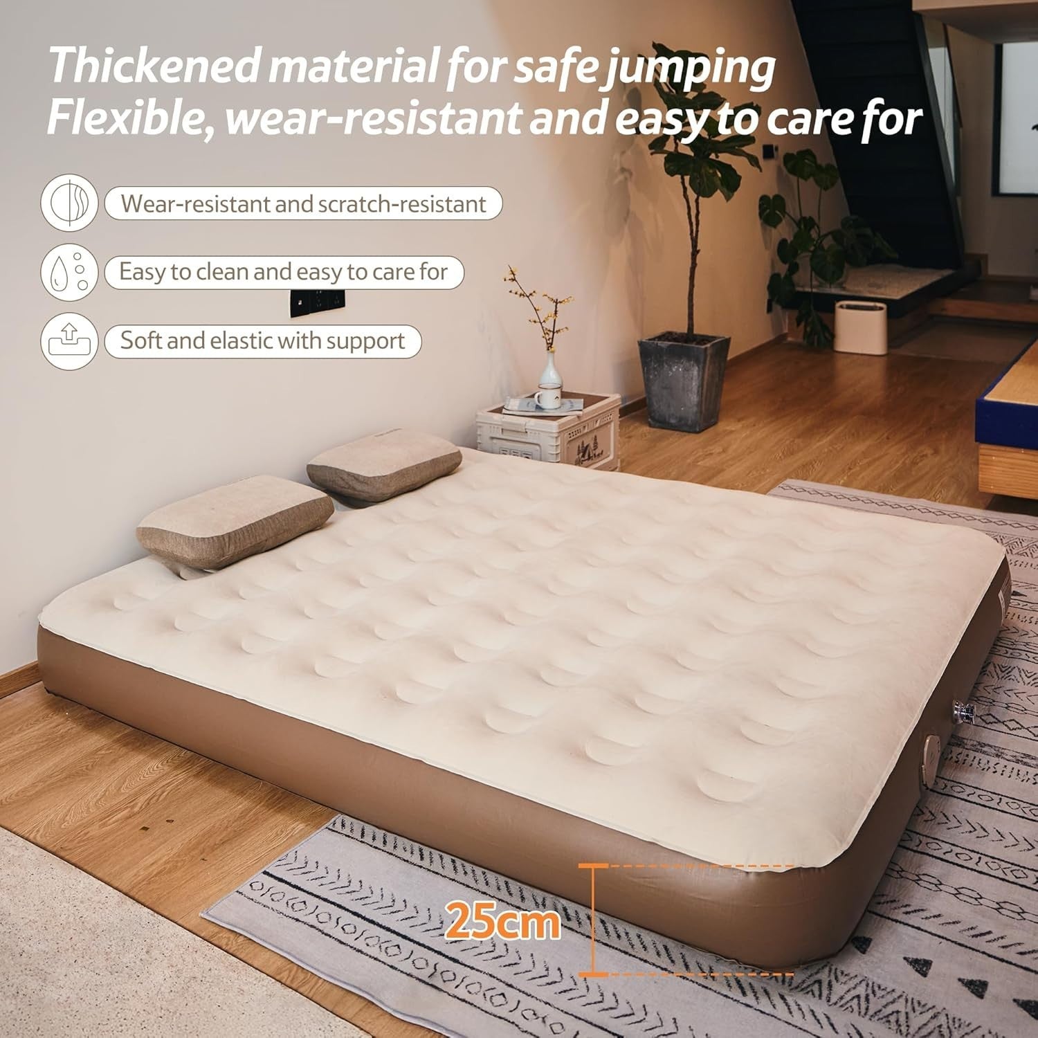3-Person Inflatable Air Mattress with Rechargeable Pump & Flocked Surface