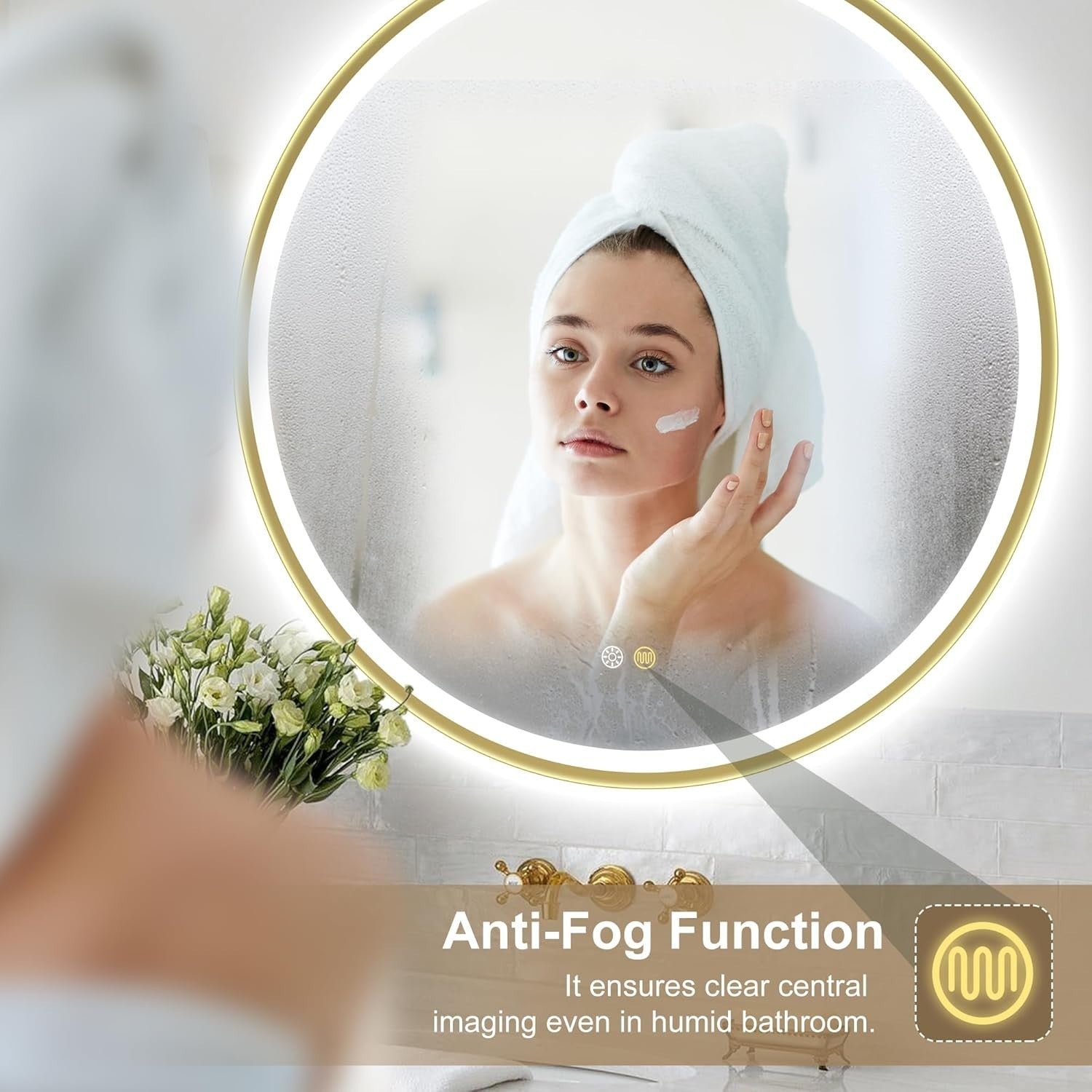 LED Bathroom Mirror 80x80cm Anti-Fog Dimmable Gold Frame Waterproof