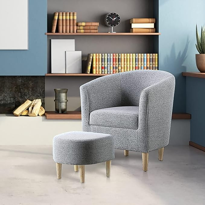 Grey Tub Chair with Footstool Linen Accent Armchair Small Spaces