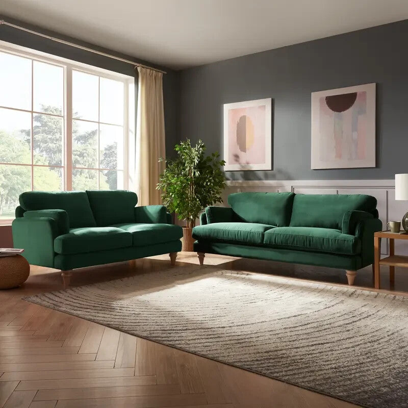 Luxury Green Velvet 2 Seater Sofa Modern Deep Seat Cushions Solid Wood Legs
