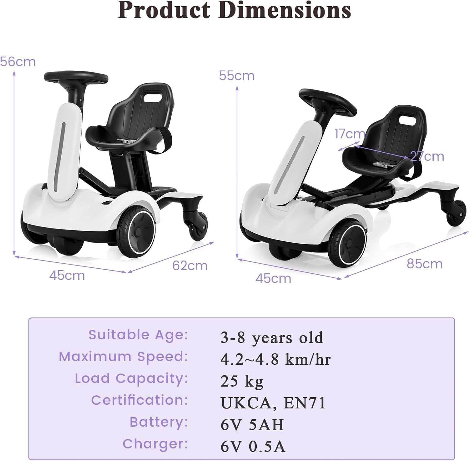 Kids Electric Drift Go Kart 6V Ride On Car 360 Spin Adjustable Seat White