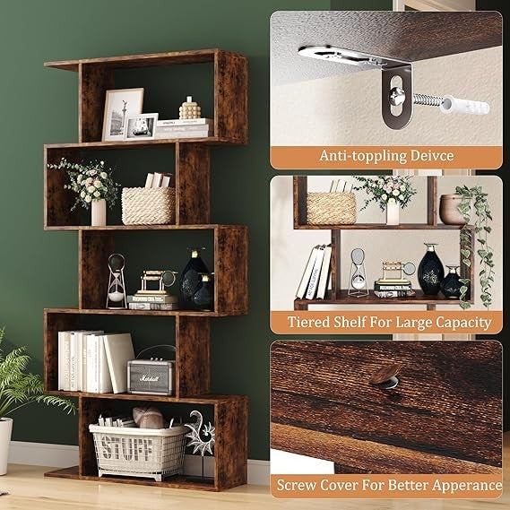 Rustic Brown 5-Tier S-Shaped Geometric Bookshelf Modern Display Storage Unit