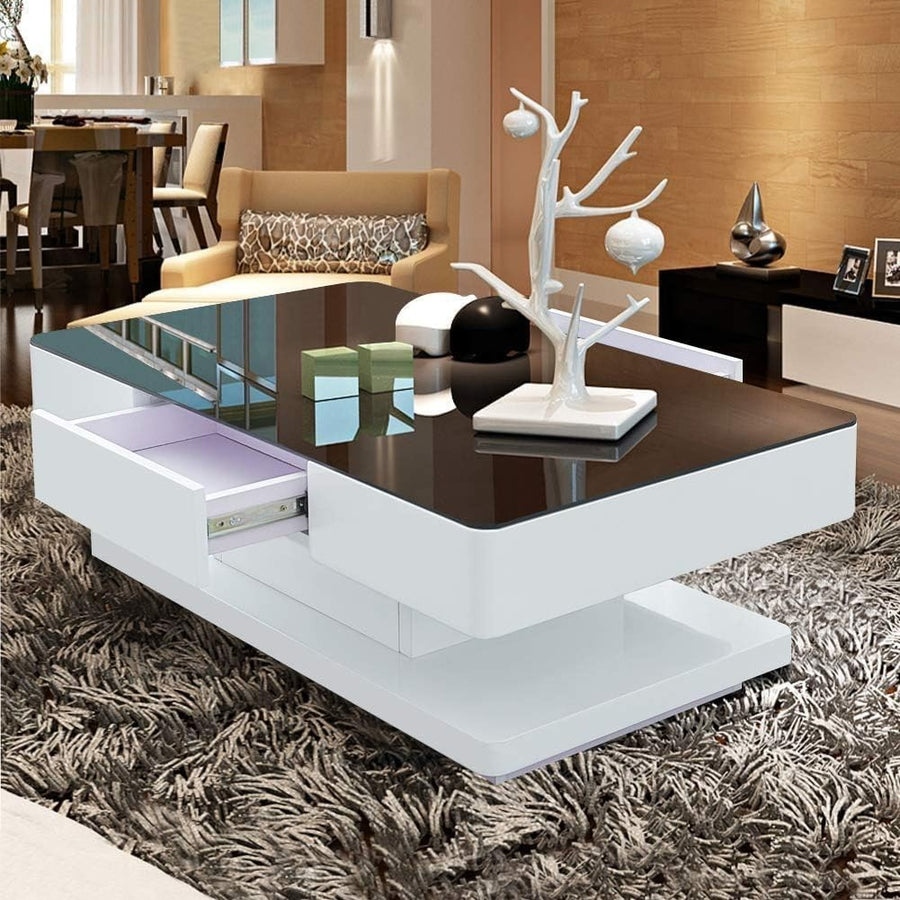 High Gloss Tempered Glass Coffee Table with 2 Drawers Storage 100x60cm