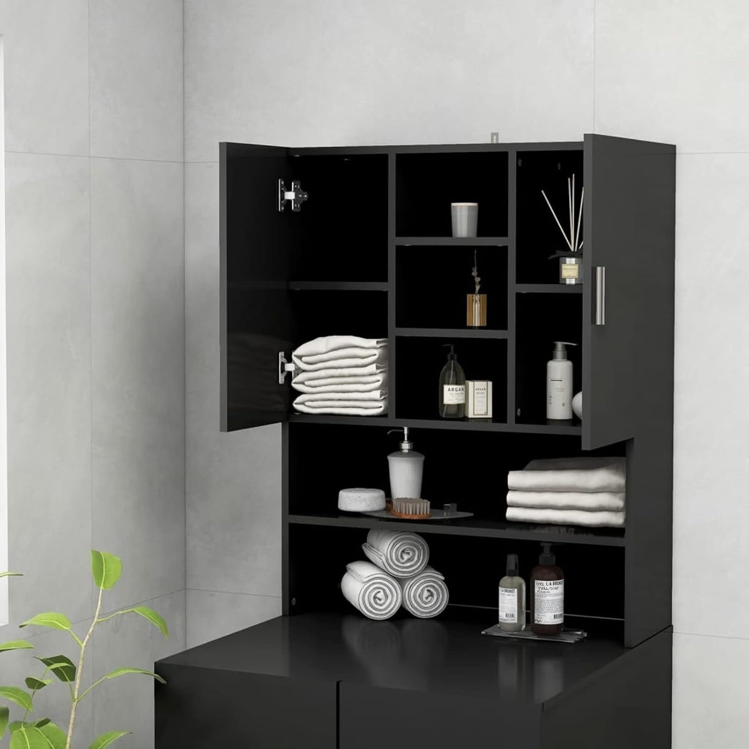 Washing Machine Storage Cabinet Laundry Bathroom Cupboard Shelves Black