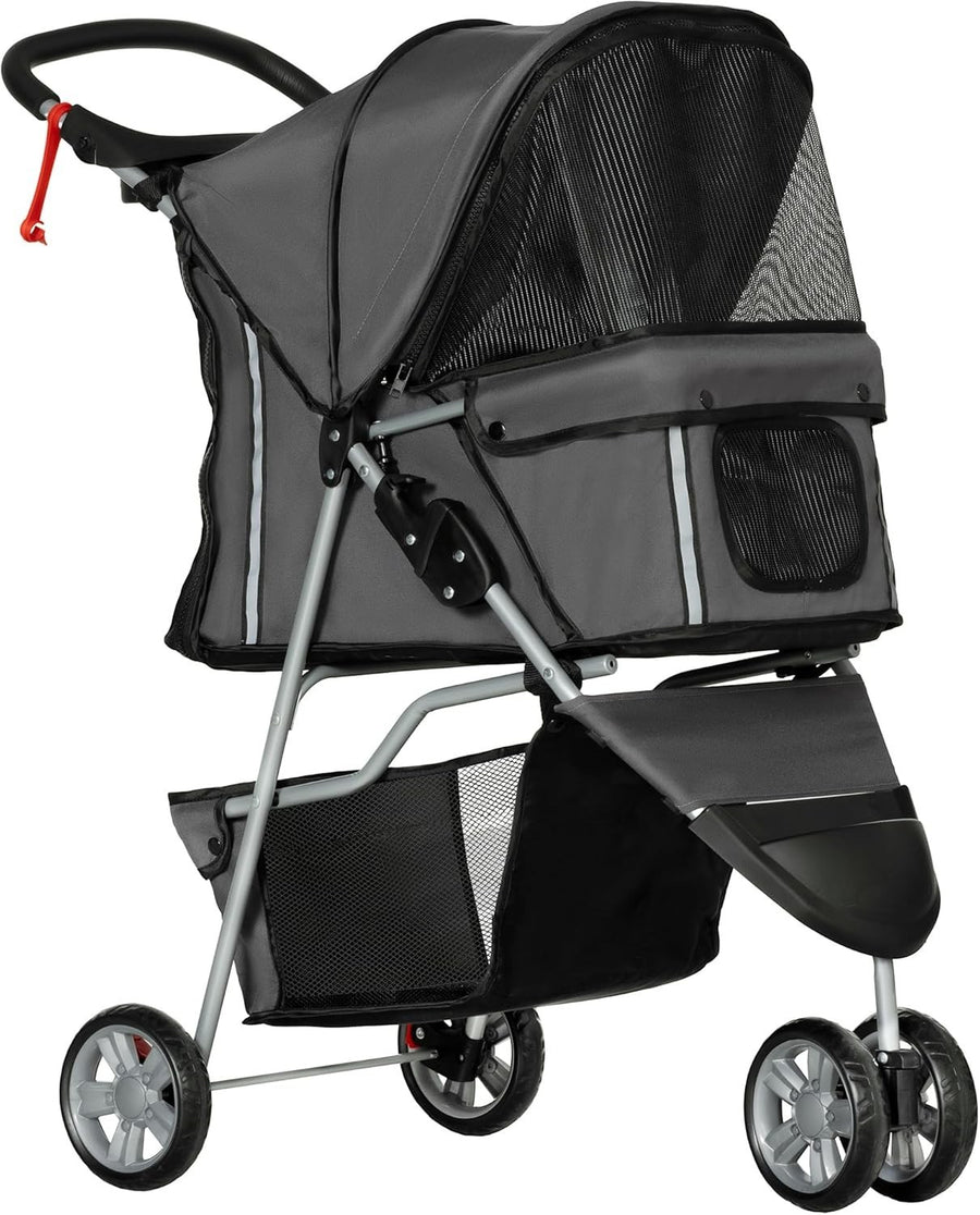 Dog Stroller 3-Wheel Foldable Pet Pram Small Dogs Cats Charcoal Grey