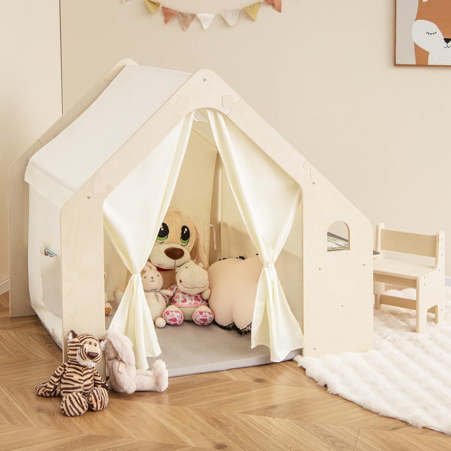 Kids Wooden Play Tent with Table Chair Blackboard Indoor Playhouse Set