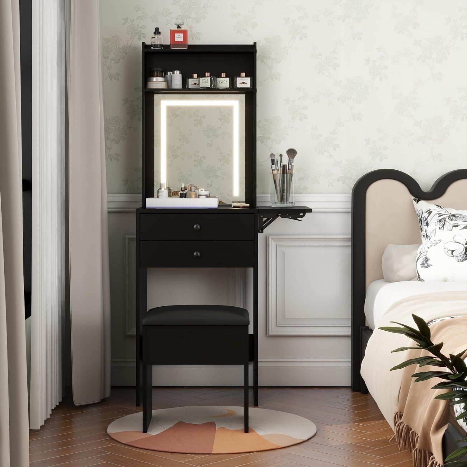Modern Vanity Makeup Dressing Table w/ LED Mirror Storage Expandable Black