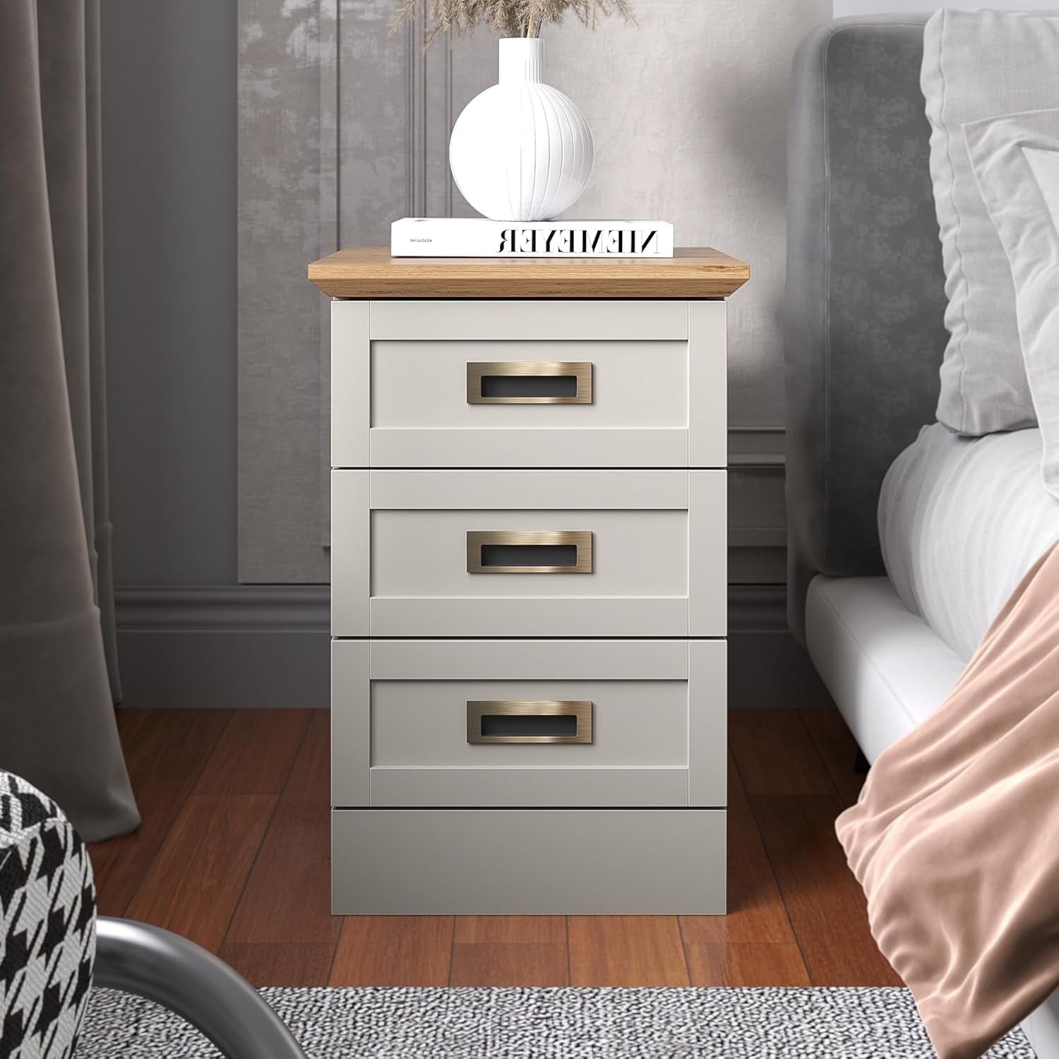 Light Grey & Oak 3 Drawer Bedside Table | Modern Bedroom Storage Cabinet