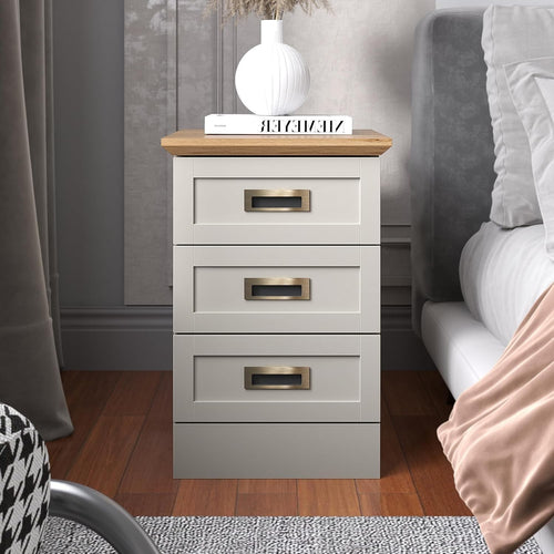 Light Grey & Oak 3 Drawer Bedside Table | Modern Bedroom Storage Cabinet