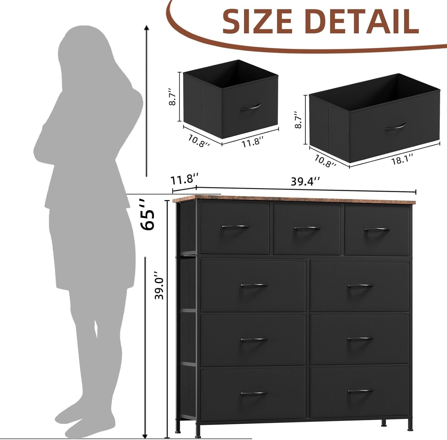 Black Rustic Brown 9 Drawer Tall Chest Fabric Dresser Organizer Storage Unit