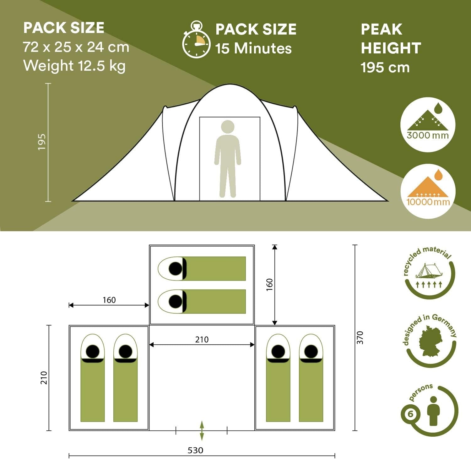6 Man Family Dome Tent 3000mm Waterproof 3 Cabins Sun Canopy