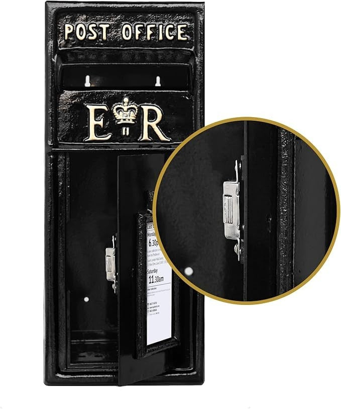 Lockable Cast Iron Wall Mount Mailbox – Secure Vintage ER Post Box Black 57cm
