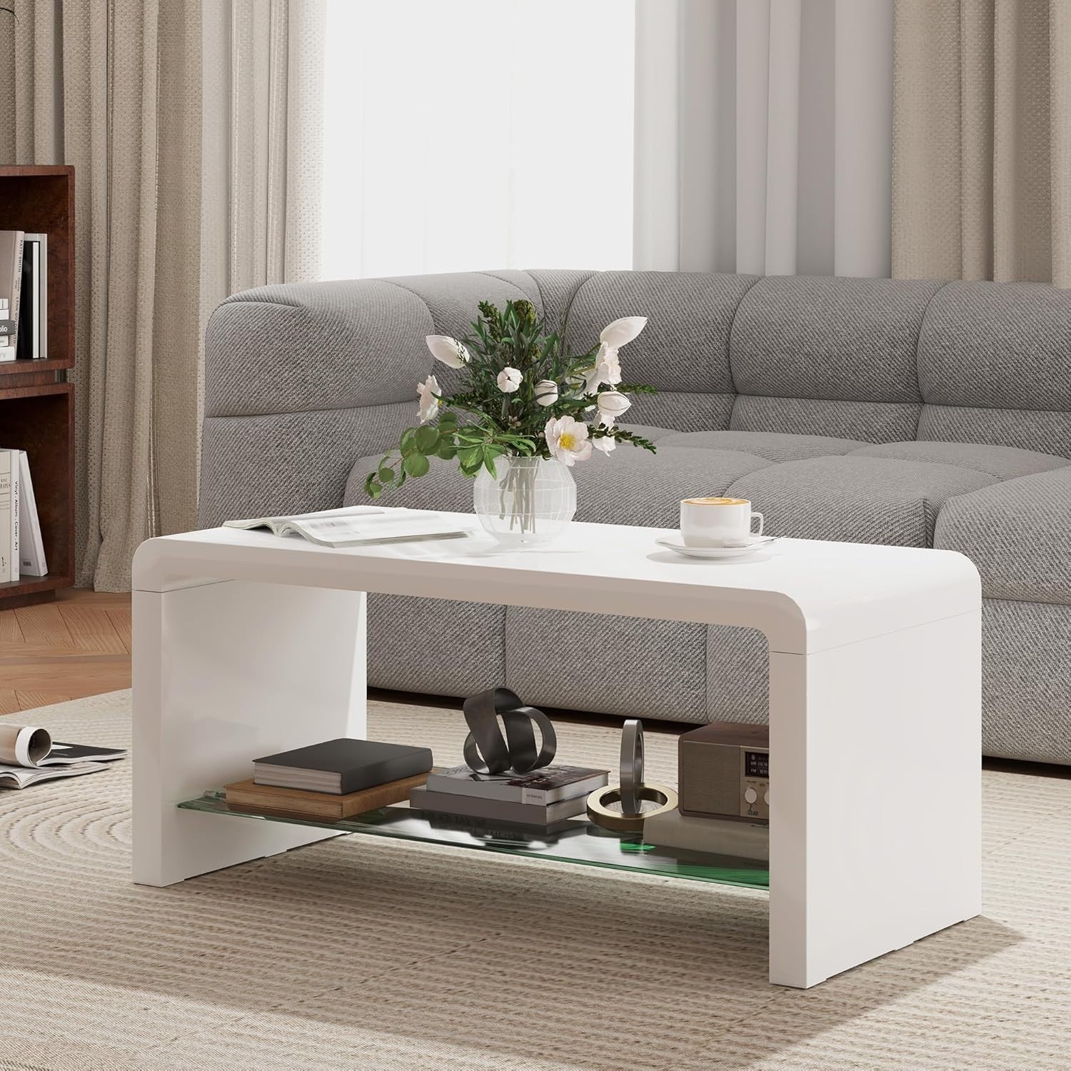 Modern High Gloss White Coffee Table with Storage & Glass Shelf 100x45x45 cm