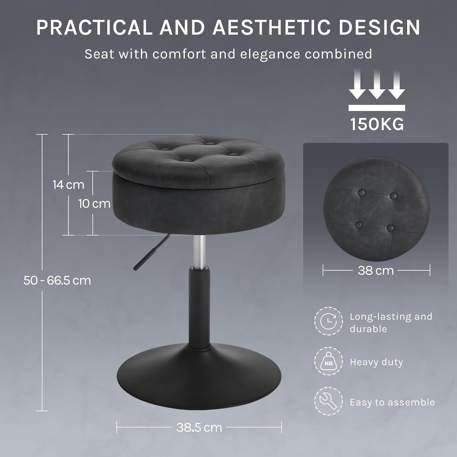 Anthracite Swivel Vanity Stool with Storage Adjustable Faux Leather Seat
