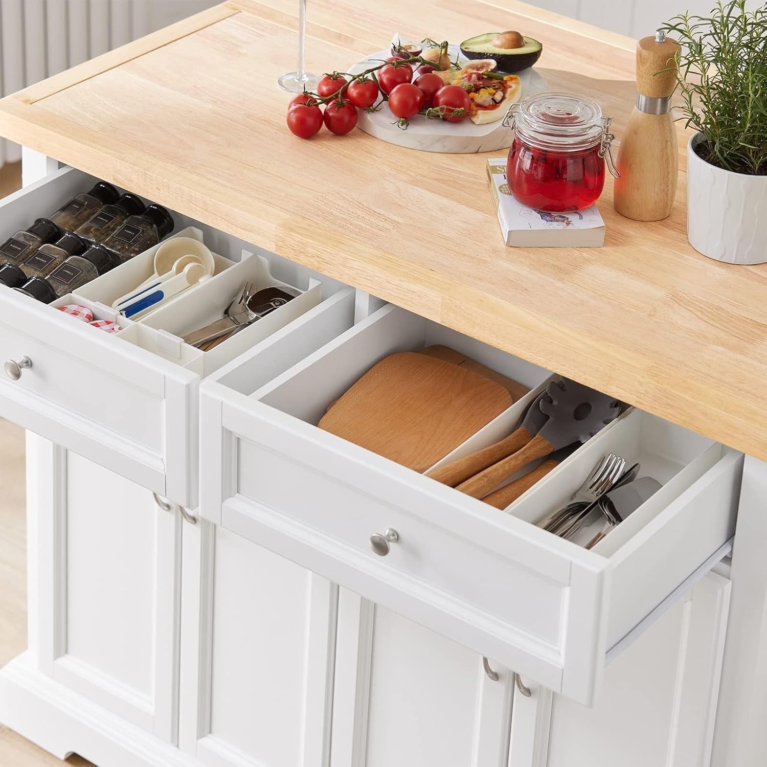 Rolling Kitchen Island Cart with Extendable Worktop, Drawers & Adjustable Shelve
