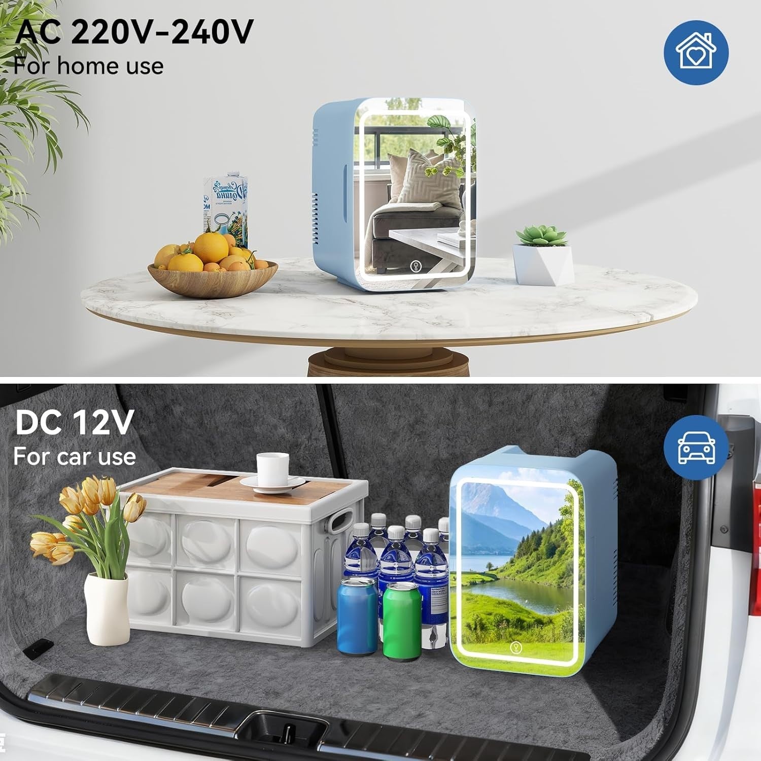 4L Mini Fridge Portable Cooler & Warmer LED Mirror AC/DC Blue