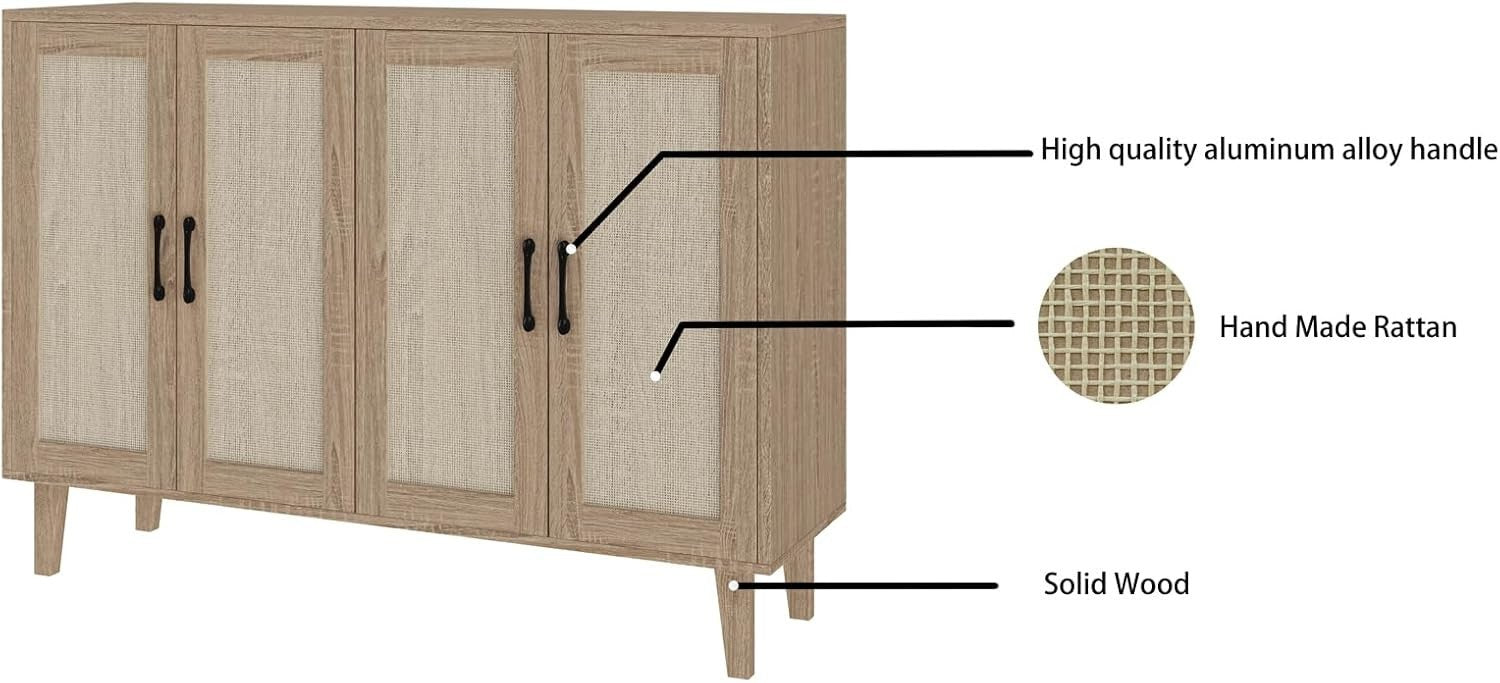 Natural Wood Buffet Storage Cabinet with Rattan Doors Adjustable Shelves