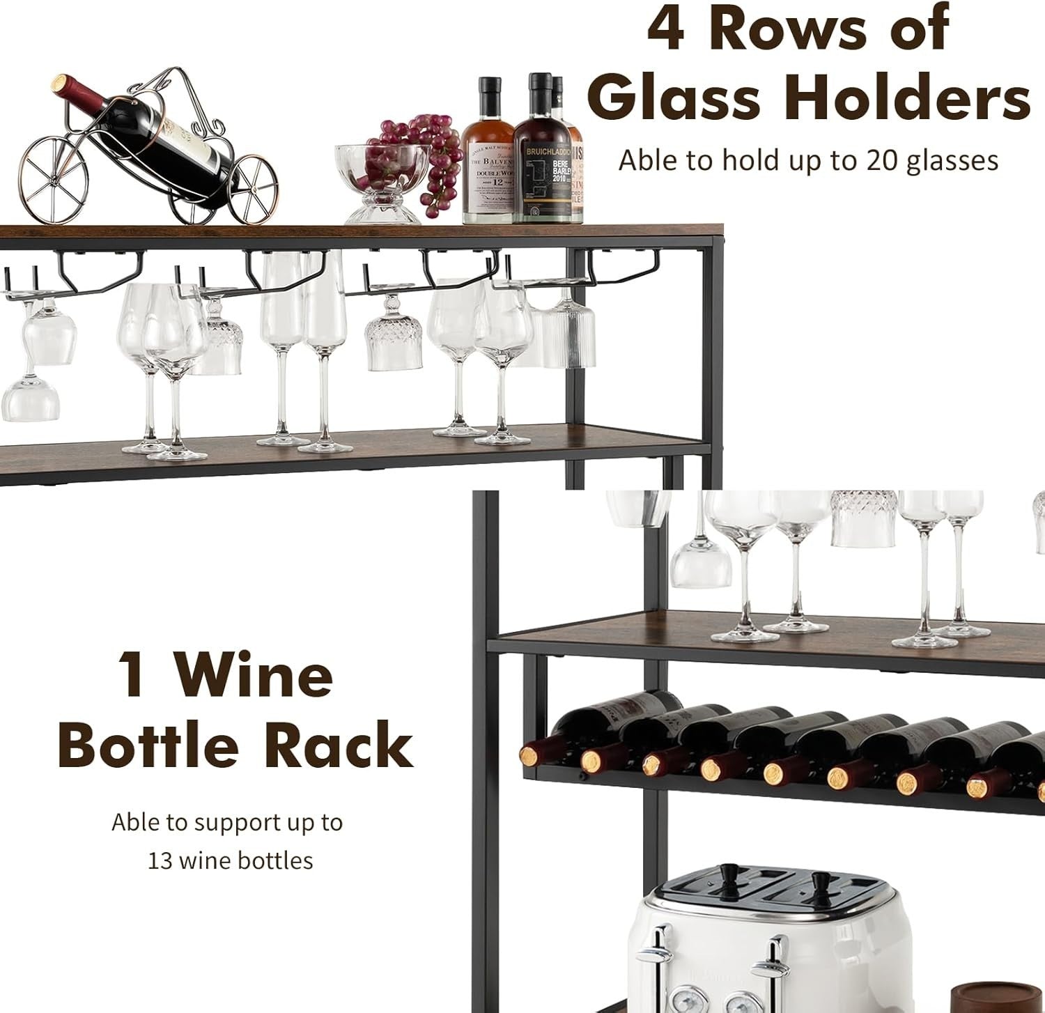 4-Tier Wine Rack Bar Table with Glass Holder, Rustic Shelving Unit 102x40x87cm