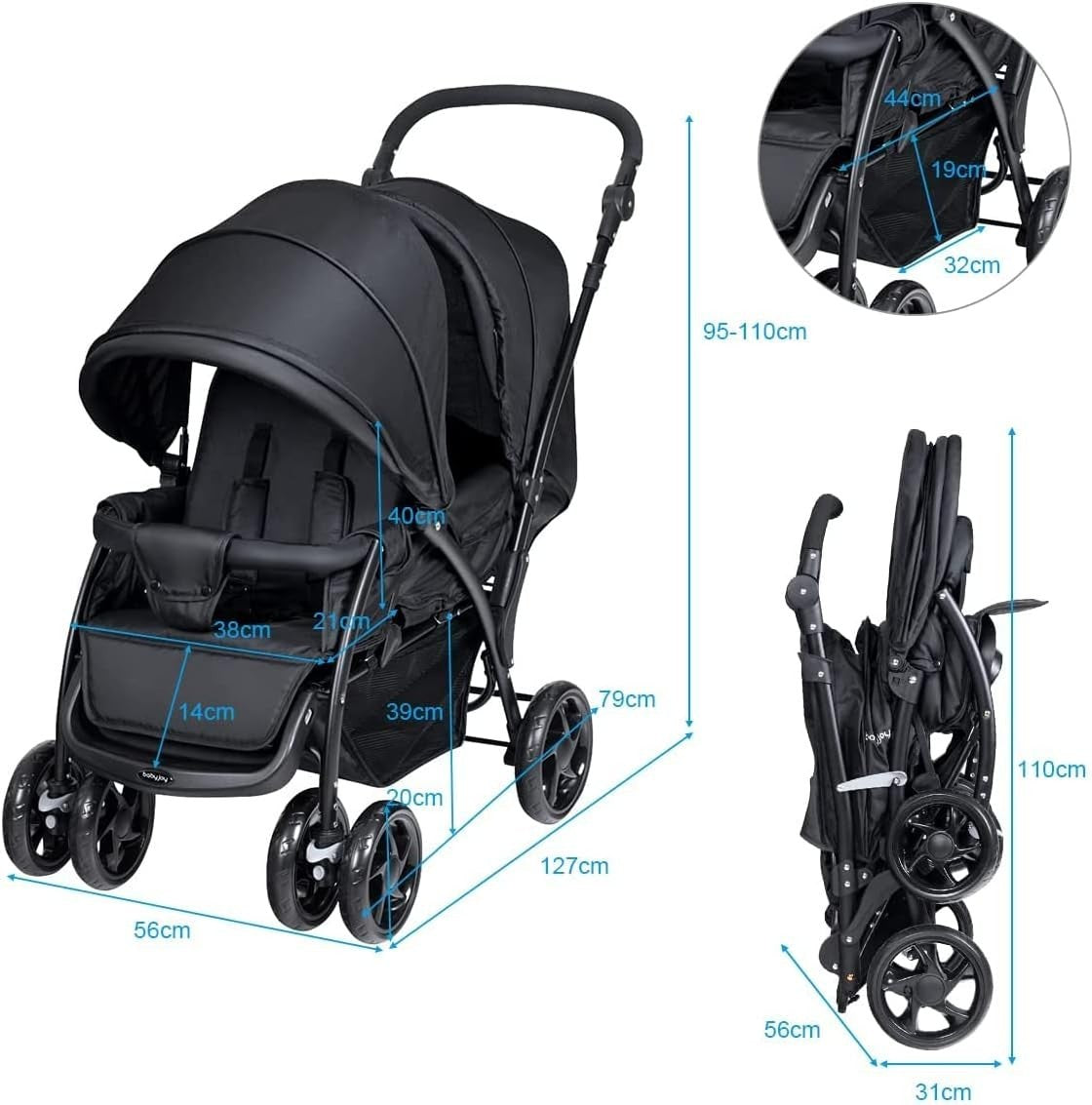 Twin Tandem Baby Stroller Black Foldable Double Seat 5-Point Harness Sunshade