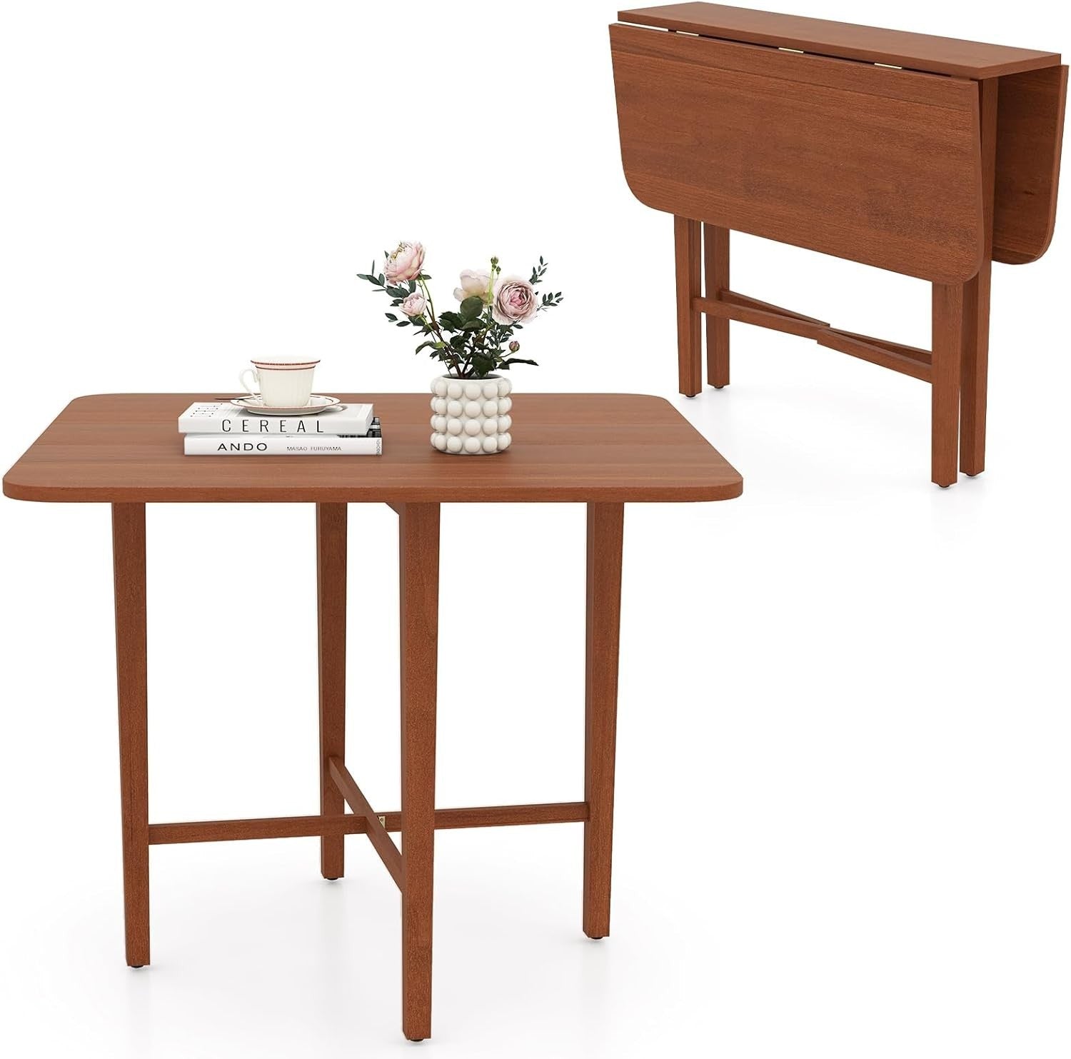 Folding Drop Leaf Dining Table for Small Spaces with Rubber Wood Legs