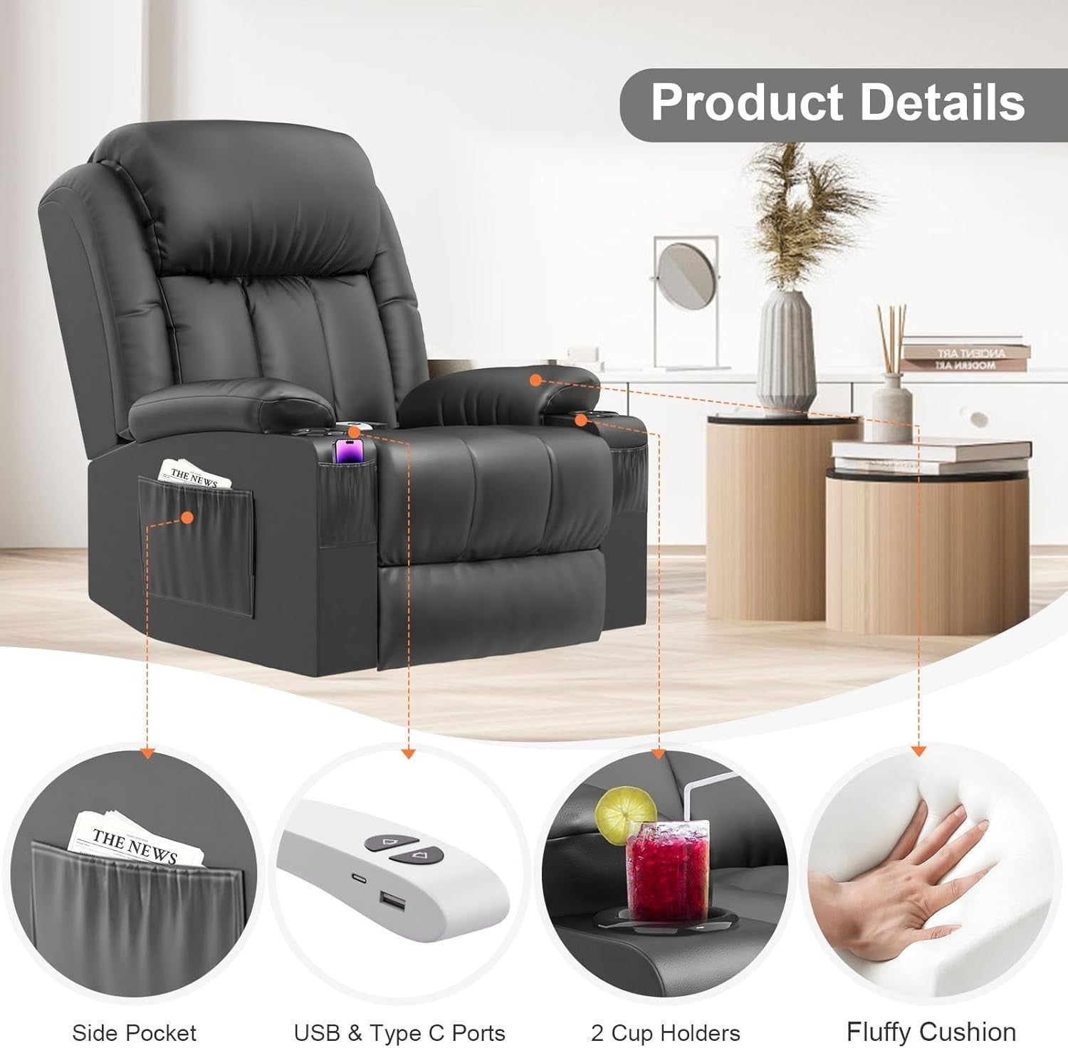 Power Lift Recliner Chair Massage Heat USB Ports Cup Holders Fabric Black