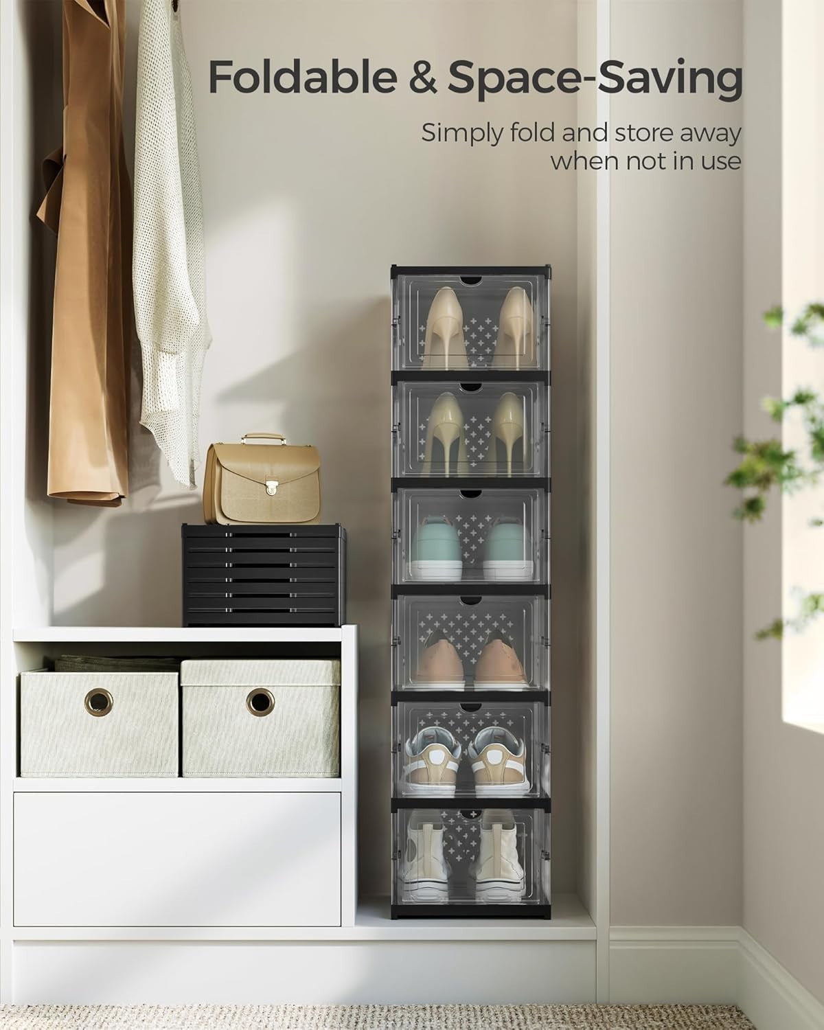 Pack of 6 Stackable Foldable Shoe Boxes Cabinet Transparent/Black 105x25x105 cm