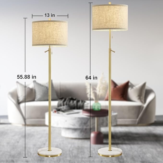 Gold Marble Floor Lamp Adjustable Height Fabric Shade Pull Chain Standing