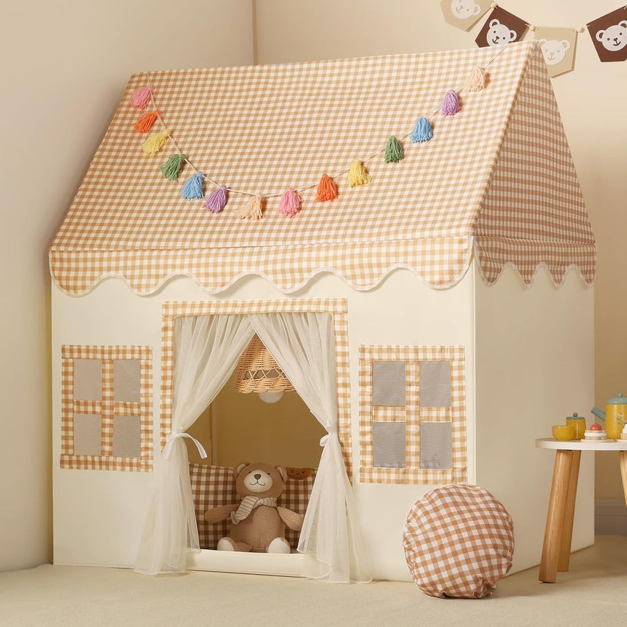 Kids Play Tent with Padded Mat Indoor Fairy Tale Playhouse Brown