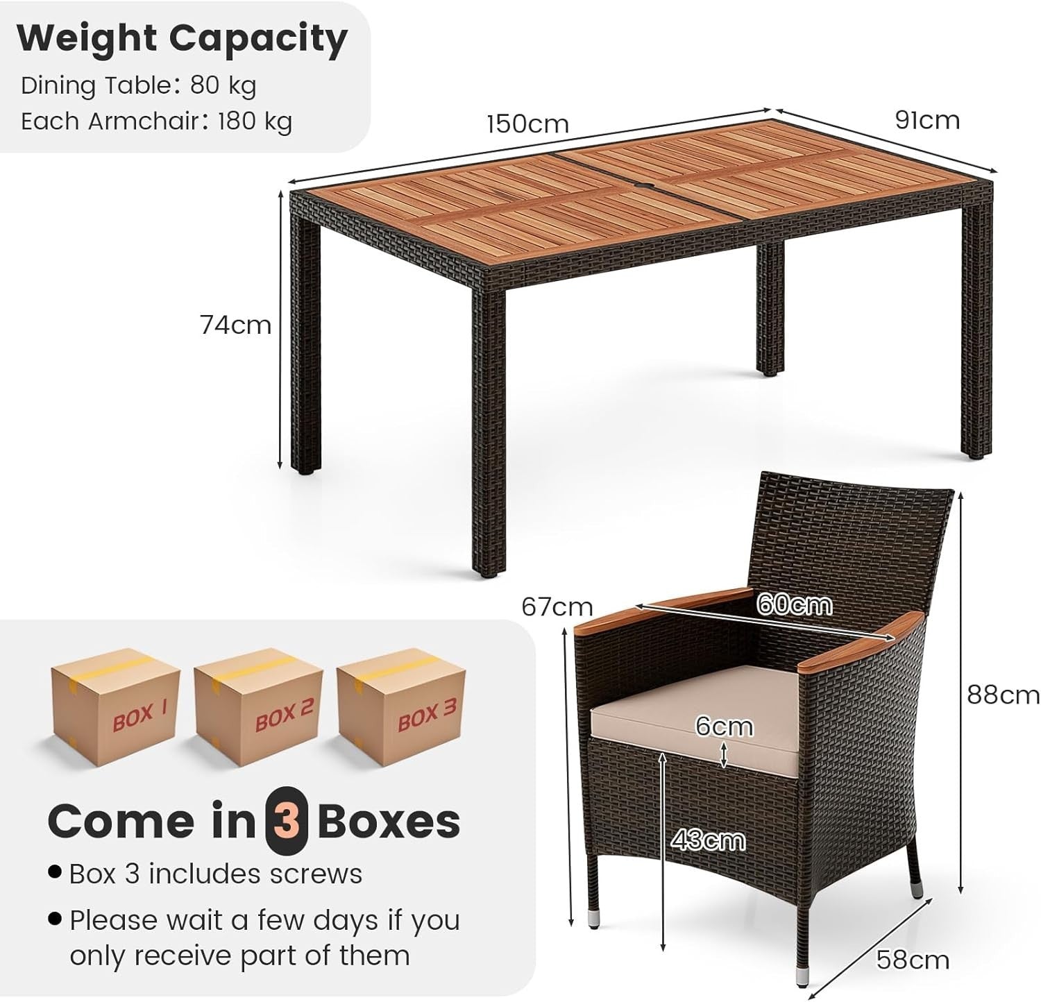 7PC Rattan Garden Dining Set Outdoor Table & Cushioned Chairs Patio