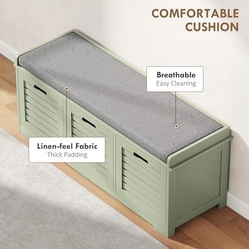 Green Shoe Storage Bench with Cushion & 3 Drawers – Modern Hallway Seat