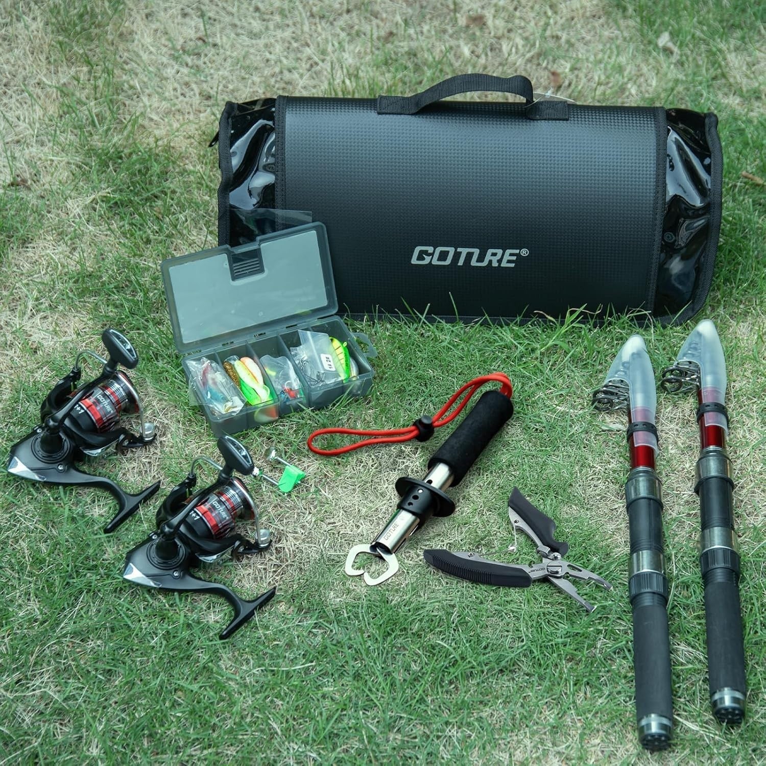 2-Piece Telescopic Fishing Rod Reel Kit with Carrier Bag & Full Accessories