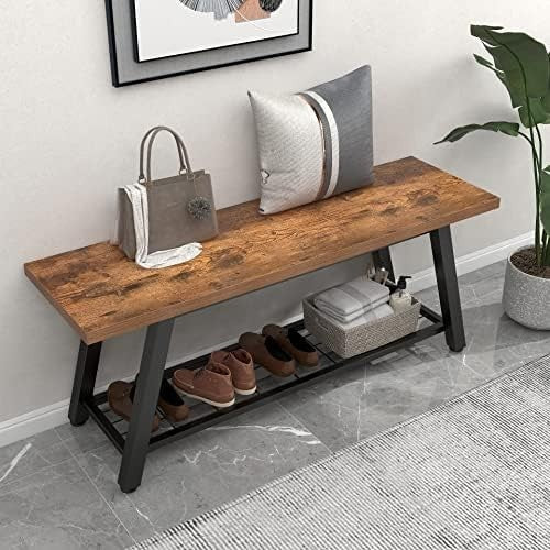 Rustic Wood & Metal Shoe Storage Bench – Industrial Entryway Hallway Seat