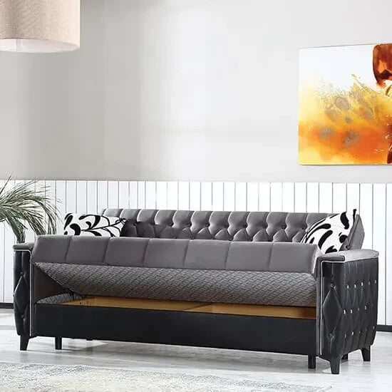 Grey Velvet 3 Seater Sofa Bed Tufted Back Storage Modern Stylish Couch