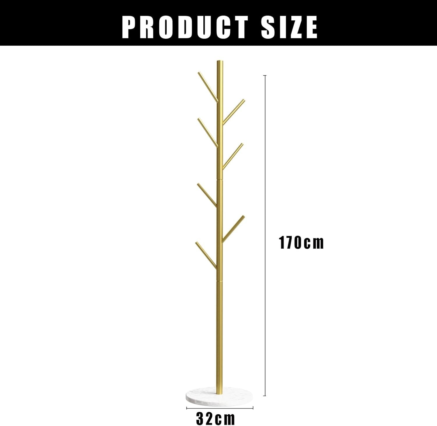 Gold Metal Coat Stand with Marble Base 7 Hooks Tree Rack for Bedroom Hallway