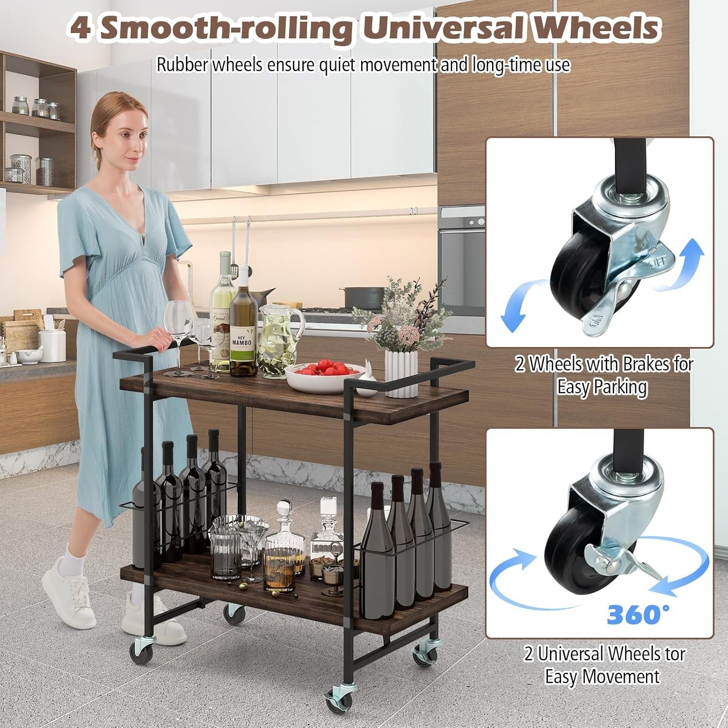 Kitchen Serving Cart on Wheels 2 Tier Bar Trolley Lockable Castors