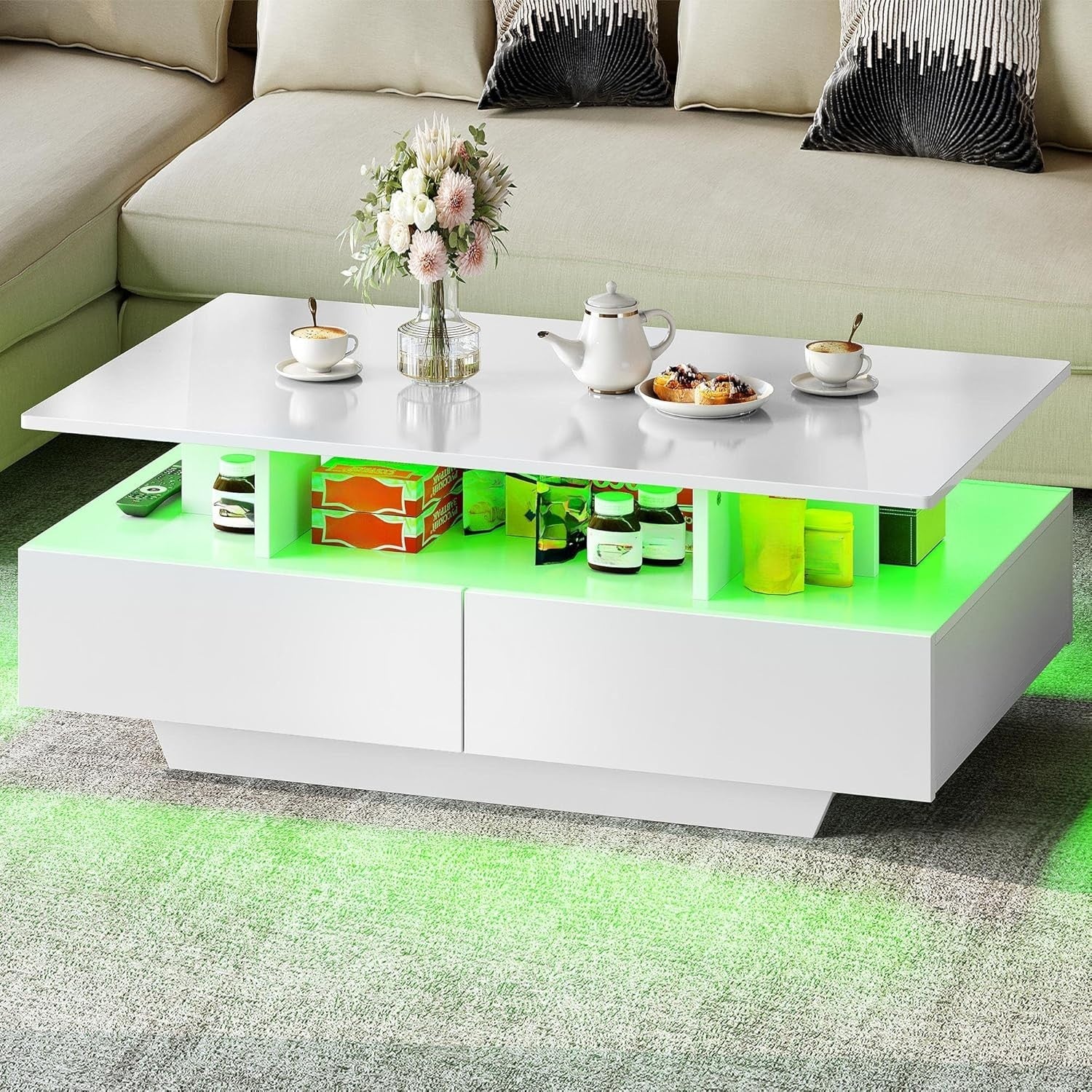 LED Coffee Table with Storage Drawers White Gloss 16-Color Light Modern