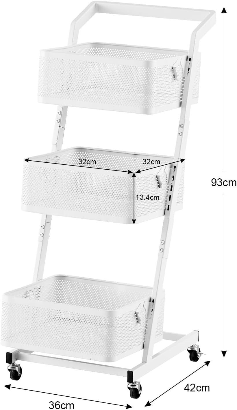 3 Tier Rolling Utility Cart Metal Storage Trolley w Wheels Kitchen Rack