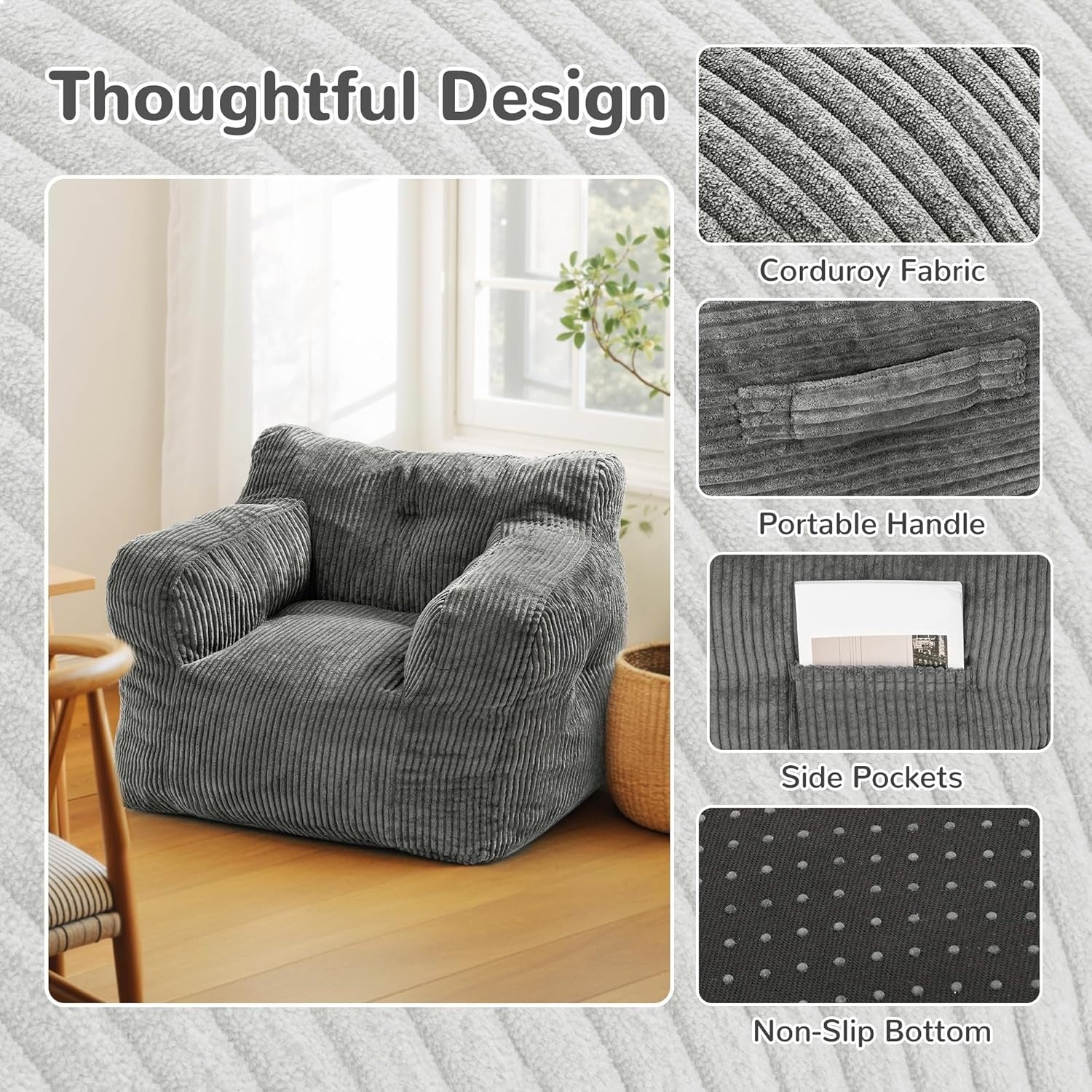 Grey Corduroy Bean Bag Chair – Comfy Seat w/ Handle for Adults 70x80cm