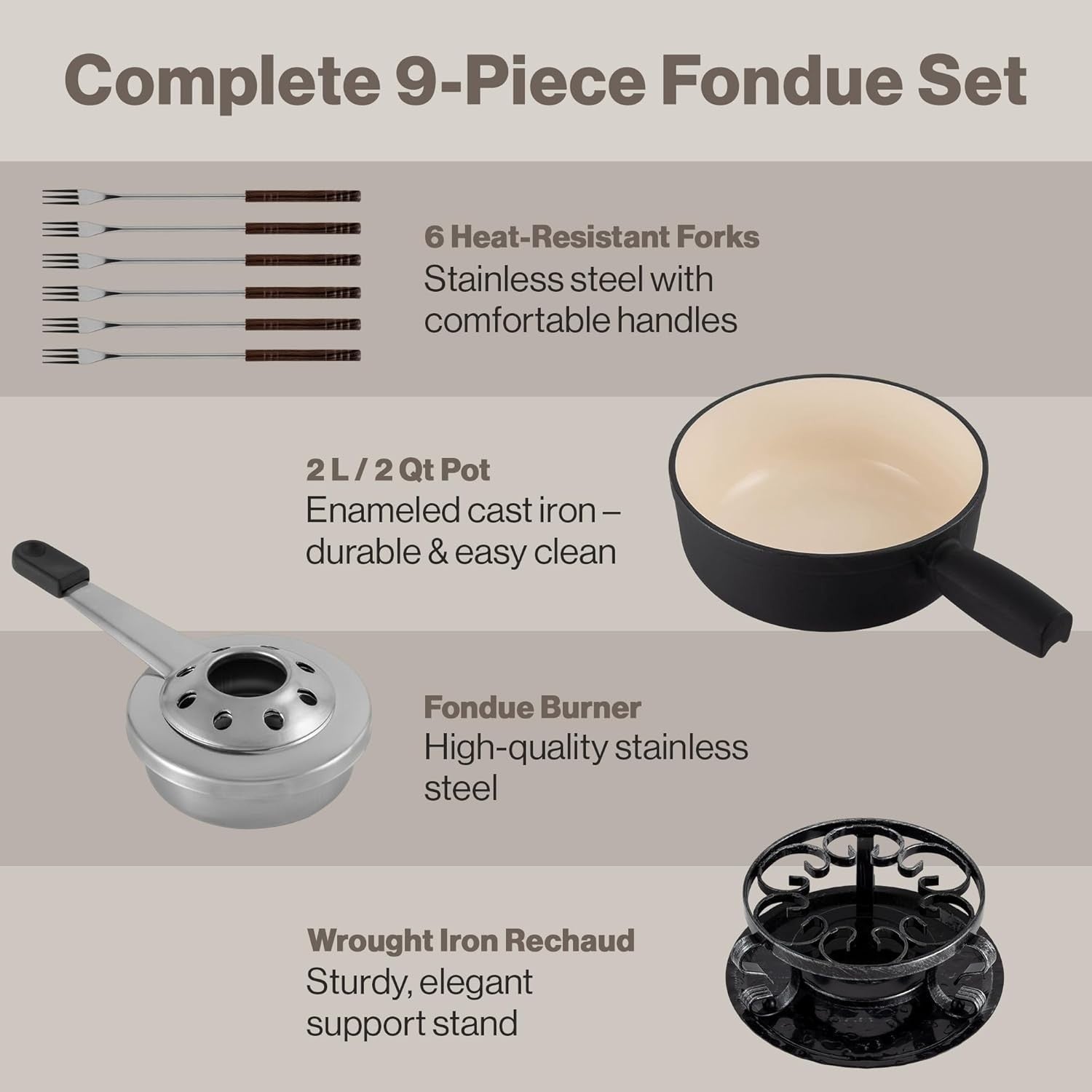 Cast Iron Fondue Set 9 Piece Matte Black Cheese Chocolate Pot 2L