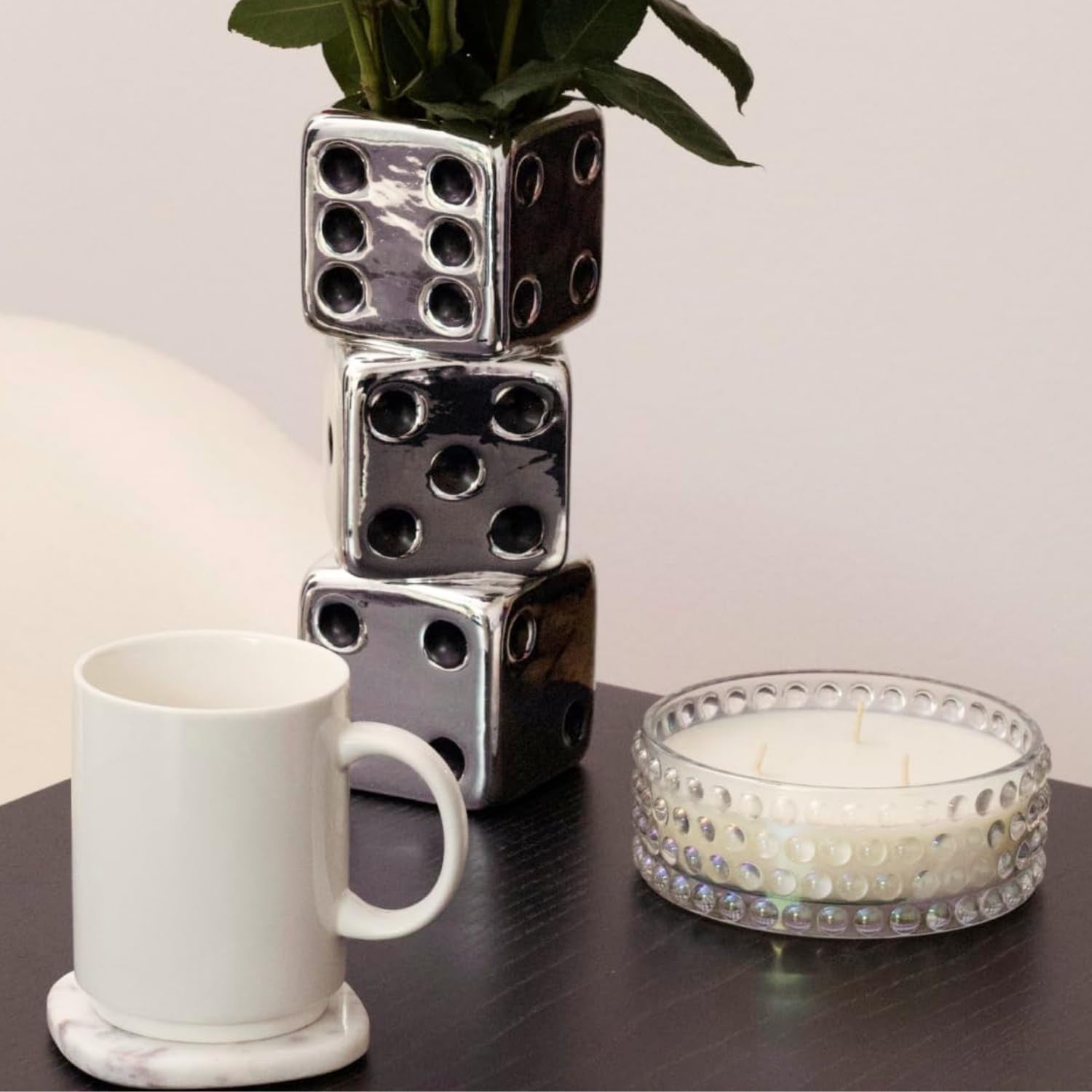 Dice Vase Ceramic Triple Stack Silver Black Dot Modern Table Flower Decor