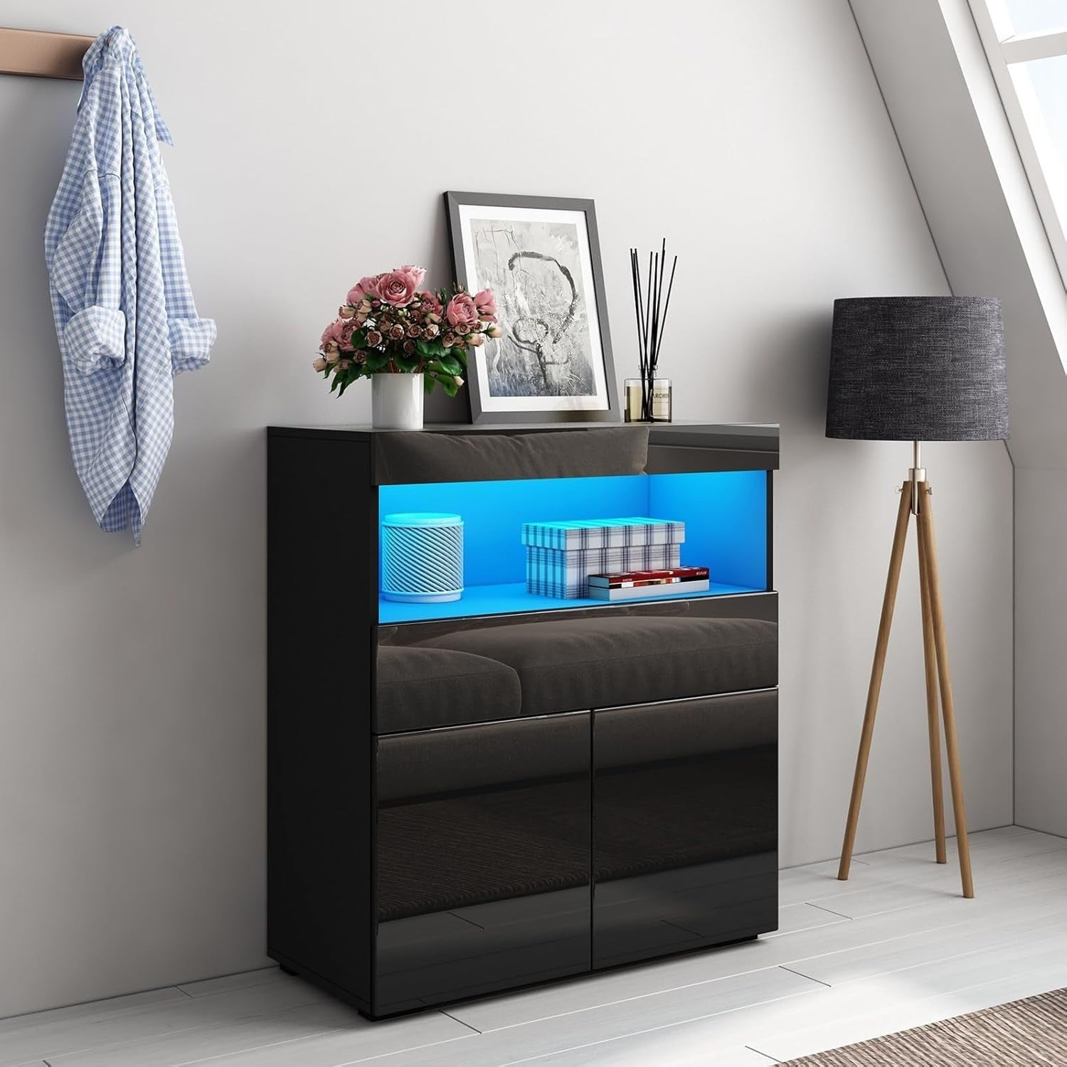 Black LED Sideboard Cabinet Gloss Storage Unit 2 Door 1 Drawer 90cm