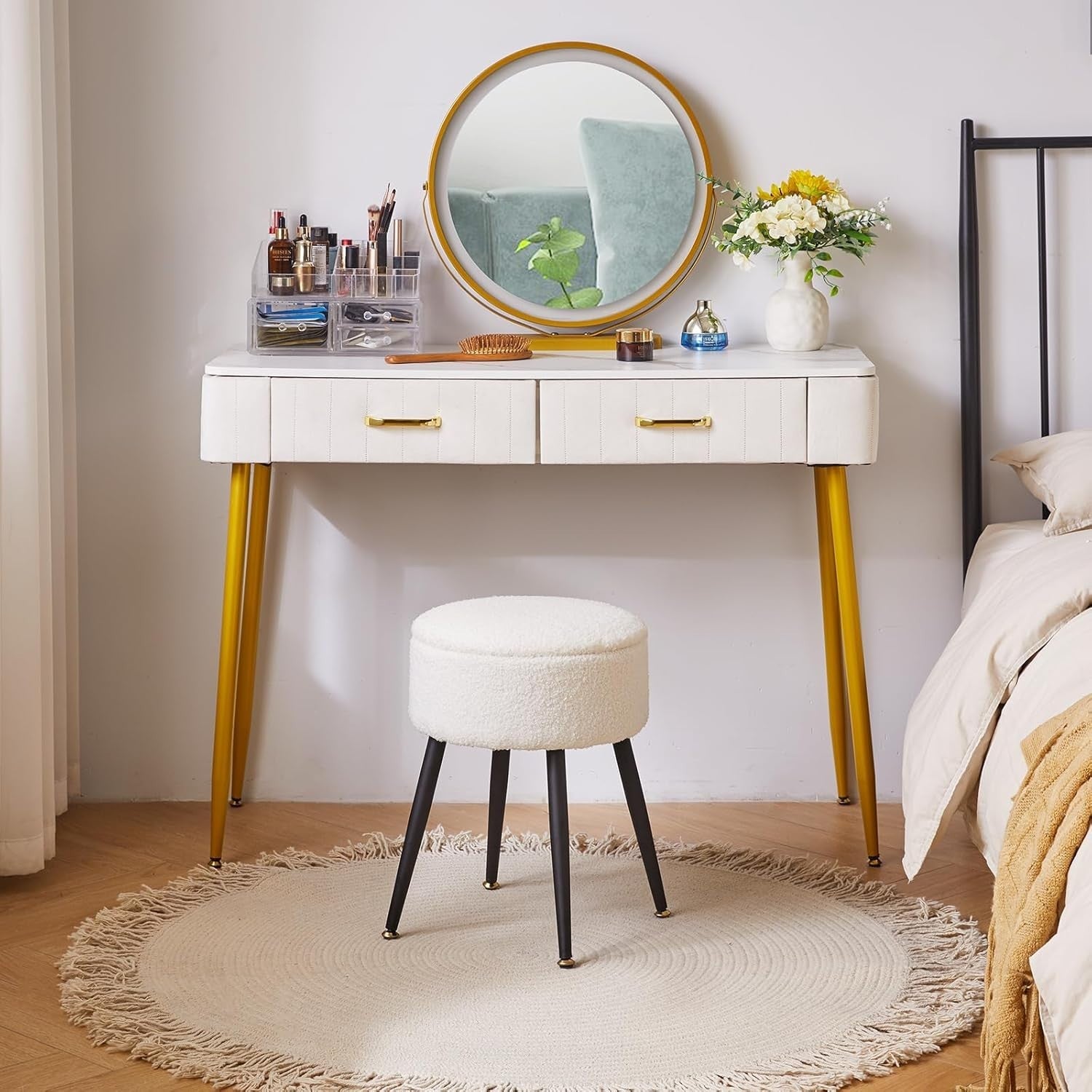 White Round Teddy Fur Stool with Storage – Soft Vanity Ottoman Chair