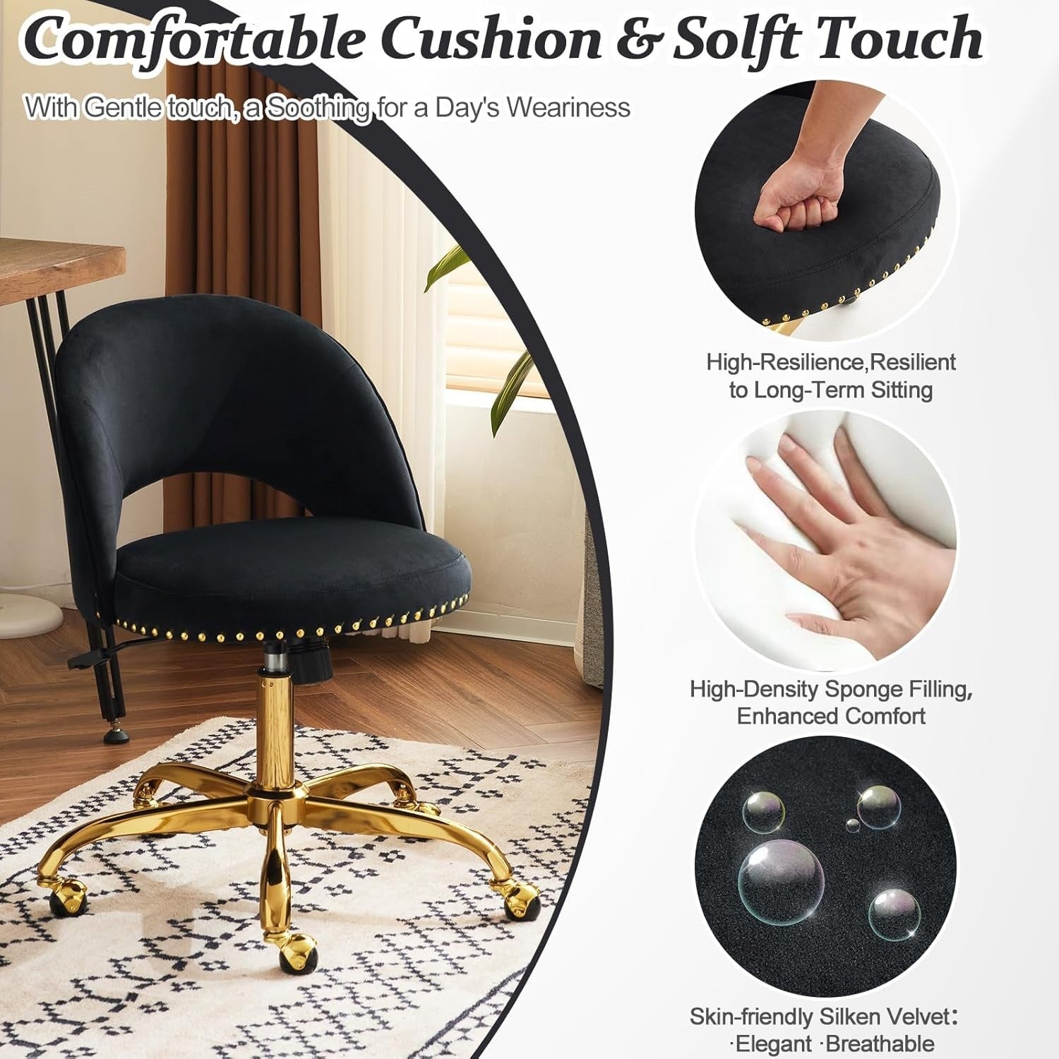 Black Velvet Swivel Vanity Chair – Adjustable Height Desk & Makeup Seat