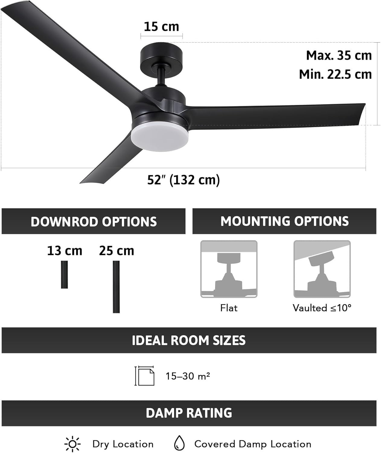 52" Ceiling Fan with Lights 6 Speeds Reversible DC Motor Black