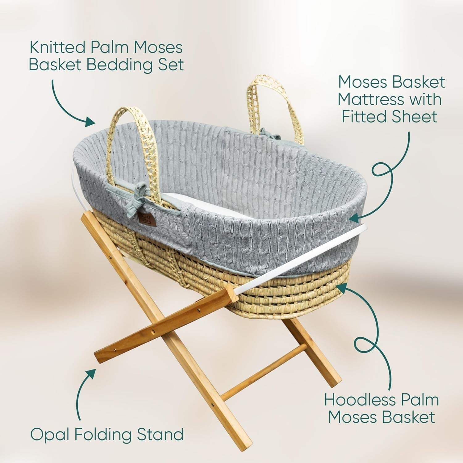 Grey Knitted Moses Basket with Rocking Folding Stand & Mattress Baby Bed Crib