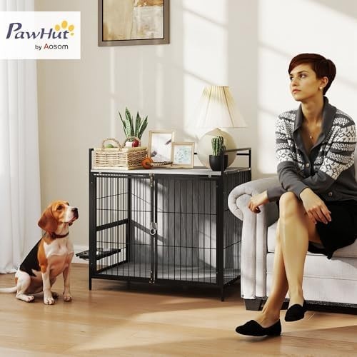 Dog Crate Furniture with Feeding Bowls & Lockable Doors, Grey Indoor Table