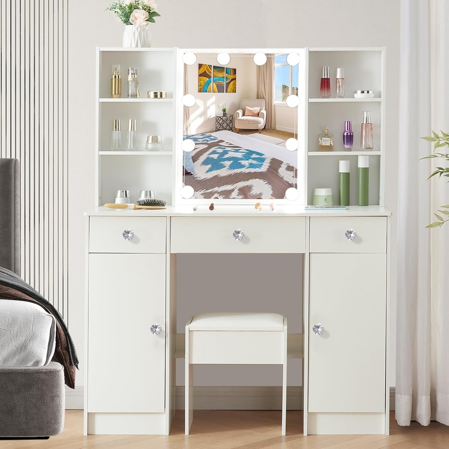 White Vanity Dressing Table Set w/ LED Lighted Mirror 3 Drawers Crystal Handle